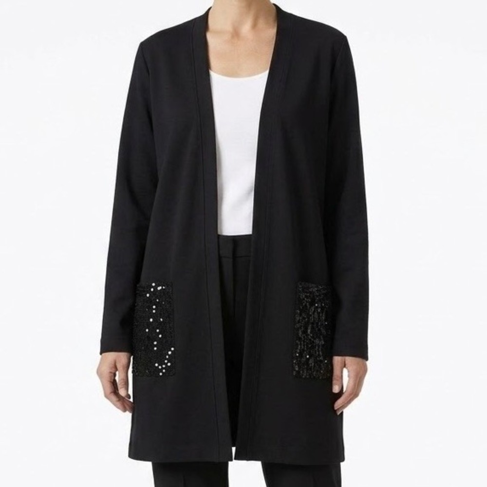 JINGLE BELLES by Kim Gravel Black Ponte Duster Cardigan sz L Sequin Pockets NWT